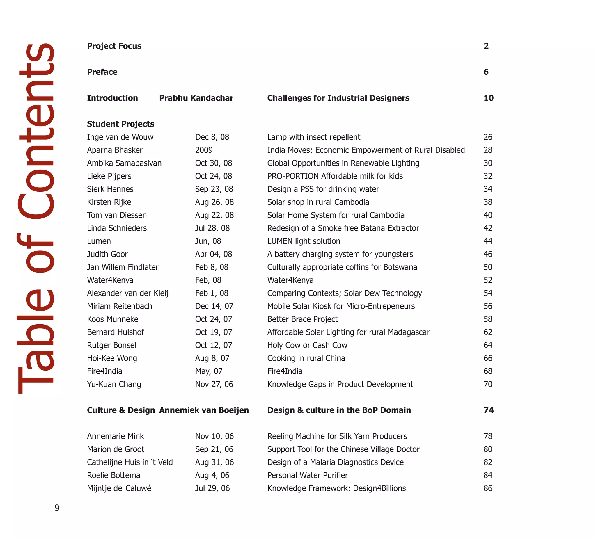 Project Focus                                                                                    2
Table of Contents   Preface                                                                                          6


                    Introduction           Prabhu Kandachar    Challenges for Industrial Designers                   10


                    Student Projects
                    Inge van de Wouw              Dec 8, 08    Lamp with insect repellent                            26
                    Aparna Bhasker                2009         India Moves: Economic Empowerment of Rural Disabled   28
                    Ambika Samabasivan            Oct 30, 08   Global Opportunities in Renewable Lighting            30
                    Lieke Pijpers                 Oct 24, 08   PRO-PORTION Affordable milk for kids                  32
                    Sierk Hennes                  Sep 23, 08   Design a PSS for drinking water                       34
                    Kirsten Rijke                 Aug 26, 08   Solar shop in rural Cambodia                          38
                    Tom van Diessen               Aug 22, 08   Solar Home System for rural Cambodia                  40
                    Linda Schnieders              Jul 28, 08   Redesign of a Smoke free Batana Extractor             42
                    Lumen                         Jun, 08      LUMEN light solution                                  44
                    Judith Goor                   Apr 04, 08   A battery charging system for youngsters              46
                    Jan Willem Findlater          Feb 8, 08    Culturally appropriate cofﬁns for Botswana            50
                    Water4Kenya                   Feb, 08      Water4Kenya                                           52
                    Alexander van der Kleij       Feb 1, 08    Comparing Contexts; Solar Dew Technology              54
                    Miriam Reitenbach             Dec 14, 07   Mobile Solar Kiosk for Micro-Entrepeneurs             56
                    Koos Munneke                  Oct 24, 07   Better Brace Project                                  58
                    Bernard Hulshof               Oct 19, 07   Affordable Solar Lighting for rural Madagascar        62
                    Rutger Bonsel                 Oct 12, 07   Holy Cow or Cash Cow                                  64
                    Hoi-Kee Wong                  Aug 8, 07    Cooking in rural China                                66
                    Fire4India                    May, 07      Fire4India                                            68
                    Yu-Kuan Chang                 Nov 27, 06   Knowledge Gaps in Product Development                 70


                    Culture & Design Annemiek van Boeijen      Design & culture in the BoP Domain                    74


                    Annemarie Mink                Nov 10, 06   Reeling Machine for Silk Yarn Producers               78
                    Marion de Groot               Sep 21, 06   Support Tool for the Chinese Village Doctor           80
                    Cathelijne Huis in ‘t Veld    Aug 31, 06   Design of a Malaria Diagnostics Device                82
                    Roelie Bottema                Aug 4, 06    Personal Water Puriﬁer                                84
                    Mijntje de Caluwé             Jul 29, 06   Knowledge Framework: Design4Billions                  86

              9
 