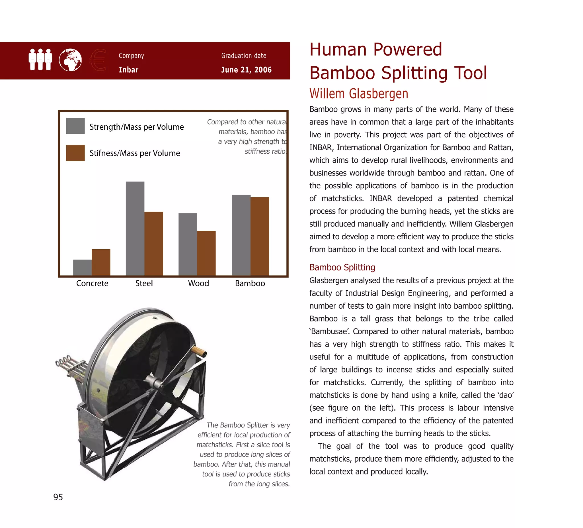 Human Powered
        €       Company

                Inbar
                                             Graduation date

                                             June 21, 2006
                                                                         Bamboo Splitting Tool
                                                                         Willem Glasbergen
                                                                         Bamboo grows in many parts of the world. Many of these
                                       Compared to other natural         areas have in common that a large part of the inhabitants
        Strength/Mass per Volume          materials, bamboo has          live in poverty. This project was part of the objectives of
                                          a very high strength to
                                                   stiffness ratio.
                                                                         INBAR, International Organization for Bamboo and Rattan,
        Stifness/Mass per Volume
                                                                         which aims to develop rural livelihoods, environments and
                                                                         businesses worldwide through bamboo and rattan. One of
                                                                         the possible applications of bamboo is in the production
                                                                         of matchsticks. INBAR developed a patented chemical
                                                                         process for producing the burning heads, yet the sticks are
                                                                         still produced manually and inefﬁciently. Willem Glasbergen
                                                                         aimed to develop a more efﬁcient way to produce the sticks
                                                                         from bamboo in the local context and with local means.

                                                                         Bamboo Splitting
     Concrete       Steel          Wood           Bamboo                 Glasbergen analysed the results of a previous project at the
                                                                         faculty of Industrial Design Engineering, and performed a
                                                                         number of tests to gain more insight into bamboo splitting.
                                                                         Bamboo is a tall grass that belongs to the tribe called
                                                                         ‘Bambusae’. Compared to other natural materials, bamboo
                                                                         has a very high strength to stiffness ratio. This makes it
                                                                         useful for a multitude of applications, from construction
                                                                         of large buildings to incense sticks and especially suited
                                                                         for matchsticks. Currently, the splitting of bamboo into
                                                                         matchsticks is done by hand using a knife, called the ‘dao’
                                                                         (see ﬁgure on the left). This process is labour intensive
                                                                         and inefﬁcient compared to the efﬁciency of the patented
                                        The Bamboo Splitter is very
                                    efﬁcient for local production of     process of attaching the burning heads to the sticks.
                                    matchsticks. First a slice tool is     The goal of the tool was to produce good quality
                                     used to produce long slices of
                                                                         matchsticks, produce them more efﬁciently, adjusted to the
                                   bamboo. After that, this manual
                                      tool is used to produce sticks     local context and produced locally.
                                                from the long slices.

95
 