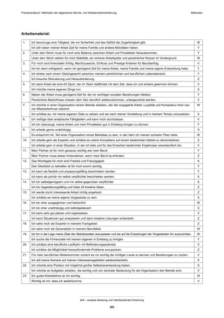 MethodenPraxishandbuch: Methoden der allgemeinen Berufs- und Arbeitsmarktorientierung
abif – analyse beratung und interdisziplinäre forschung
101
Arbeitsmaterial:
1. Ich bevorzuge eine Tätigkeit, die mir Sicherheit und das Gefühl der Zugehörigkeit gibt. W
Ich will neben meiner Arbeit Zeit für meine Familie und andere Aktivitäten haben. Y
2. Unter dem Strich muss für mich eine Balance zwischen Arbeit und Privatleben herauskommen. Y
Unter dem Strich stehen für mich Stabilität, ein sicherer Arbeitsplatz und persönlicher Nutzen im Vordergrund. W
3. Für mich sind ﬁnanzieller Erfolg, Machtzuwachs, Einﬂuss und Prestige Kriterien für Berufserfolg. V
Ich bin dann erfolgreich, wenn ich genügend Zeit für meine Arbeit, meine Familie und meine eigene Entwicklung habe. Y
4. Ich strebe nach einem Gleichgewicht zwischen meinem persönlichen und beruﬂichen Lebensbereich. Y
Ich brauche Stimulierung und Herausforderung. Z
5. Ich sehe Arbeit als eine Art Sport, der im Team stattﬁndet mit dem Ziel, dass ich und andere gewinnen können. V
Ich möchte meine eigenen Dinge tun. X
6. Neben der Arbeit muss genügend Zeit für die mir wichtigen sozialen Beziehungen bleiben. Y
Persönliche Bedürfnisse müssen dem Ziel, beruﬂich weiterzukommen, untergeordnet werden. V
7. Ich möchte in einer Organisation/einem Betrieb arbeiten, die/der engagierte Arbeit, Loyalität und Kompetenz ihrer/sei-
ner MitarbeiterInnen belohnt.
W
Ich schätze es, mir meine eigenen Ziele zu setzen und sie nach meiner Vorstellung und in meinem Tempo umzusetzen. X
8. Ich verfüge über analytische Fähigkeiten und kann mich durchsetzen. V
Ich bin überzeugt, meine Arbeit und mein Privatleben gut in Einklang bringen zu können. Y
9. Ich arbeite gerne unabhängig. X
Es entspricht mir, Teil einer Organisation/eines Betriebes zu sein, in der/dem ich meinen sicheren Platz habe. W
10. Ich arbeite gern als Expertin und schätze es meine Kompetenz auf einem bestimmten Gebiet zu demonstrieren. Z
Ich arbeite gern in einer Situation, in der ich leite und für das Erreichen bestimmter Ergebnisse verantwortlich bin. V
11. Mein Partner ist für mich genauso wichtig wie mein Beruf. Y
Mein Partner muss etwas hintanstehen, wenn mein Beruf es erfordert. Z
12. Das Wichtigste für mich sind Freiheit und Freizügigkeit. X
Den Überblick zu behalten ist für mich enorm wichtig. Y
13. Ich kann als ﬂexibel und anpassungsfähig beschrieben werden. Y
Ich kann als primär mir selbst verpﬂichtet beschrieben werden. X
14. Ich bin selbstgenügsam und mir selbst gegenüber verpﬂichtet. X
Ich bin begeisterungsfähig und habe oft kreative Ideen. Z
15. Ich werde durch interessante Arbeit richtig angeheizt. Z
Ich schätze es meine eigene Vorgesetzte zu sein. X
16. Ich bin eher ausgeglichen und beharrlich. W
Ich bin eher unabhängig und selbstgesteuert. X
17. Ich kann sehr gut planen und organisieren. V
Ich kann Situationen gut analysieren und dann kreative Lösungen entwickeln. Z
18. Ich sehe mich als Expertin in meinem Fachgebiet. Z
Ich sehe mich als Generalistin in meinem Berufsfeld. W
19. Ich bin in der Lage meine Ziele den Betriebszielen anzupassen und sie auf die Erwartungen der Vorgesetzten hin auszurichten. W
Ich suche die Firmenziele mit meinen eigenen in Einklang zu bringen. Y
20. Ich schätze eine beruﬂiche Laufbahn mit Beförderungspotential. V
Ich schätze die Möglichkeit herausfordernde Probleme anzupacken. Z
21. Für mein beruﬂiches Weiterkommen scheint es mir wichtig die richtigen Leute zu kennen und Beziehungen zu nutzen. V
Ich will meine Karriere auf meinen Interessensgebieten weiterentwickeln. X
22. Ich möchte eine Position mit möglichst großer Selbstverantwortung haben. X
Ich möchte an Aufgaben arbeiten, die wichtig und von zentraler Bedeutung für die Organisation/den Betrieb sind. V
23. Ein gutes Arbeitsklima ist mir wichtig. W
Wichtig ist mir, dass ich weiterkomme. V
 