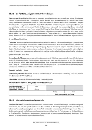 Praxishandbuch: Methoden der allgemeinen Berufs- und Arbeitsmarktorientierung Methoden
abif – analyse beratung und interdisziplinäre forschung
114
2.6.2.3 Die Portfolio-Analyse bei Initiativbewerbungen
Theoretischer Abriss: Eine Portfolio-Analyse kann nicht nur zur Bestimmung der eigenen Person und zur Deﬁnition zu-
künftiger (oft unternehmerischer) Ziele eingesetzt werden. Sie dient in der Berufsorientierung auch der einfachen Visuali-
sierung von mehreren Unternehmen/Firmen etc. Grundsätzlich zählt der Portfolio-Ansatz zu den verbreiteten Konzepten
des strategischen Managements. Der Vorteil dieser Analyse besteht in einer Findung einer ausgewogenen Struktur, alle
relevanten Felder werden mit einbezogen. Wichtig für dieseAnalyse ist jedenfalls eine ausreichend große und unterschied-
liche Menge an Unternehmen bzw. Firmen (ab ca. 10). Wichtig bei dieser Übung ist auch, dass die TeilnehmerInnen ihr
zukünftiges Berufsfeld sowie möglicheArbeitgeberInnen bzw. Firmen bereits erarbeitet/recherchiert haben (siehe Metho-
den aus Kapitel 2.4). Diese Übung kann nur aufbauend auf die Übung zuvor (2.6.2.2 – Initiativbewerbungen) verwendet
werden, weil die Suche nach in Frage kommenden Unternehmungen für Initiativbewerbungen bereits abgeschlossen ist.
Art der Übung: Einzelübung
Übungsziel: Bei Initiativbewerbungen dient eine Portfolio-Analyse nicht nur der Entscheidungsﬁndung von TeilnehmerInnen,
sondern stellt auch ein starkes Kommunikations- und Moderationsinstrument dar.Wenn attraktive Unternehmen gefunden wur-
den, werden die notwendigen Bewerbungsstrategien festgelegt. Begonnen werden soll mit jenen Unternehmen/Firmen, wel-
che den TeilnehmerInnen am uninteressantesten erschienen. So kann das Bewerbungsprozedere zusätzlich geübt und gelernt
werden. Es können zwar immer nur zwei Achsen zugleich erarbeitet werden, jedoch sind diese Achsen beliebig veränderbar.
Quelle: Kainz 2004, Seite 147ff.
Beschreibung der Methode: VorbereiteteArbeitsblätter werden an die TeilnehmerInnen verteilt. In einem 4-Felder-Schema
werden die gefundenen Firmen/Unternehmungen positioniert. Dies macht jede/r TeilnehmerIn für sich. Für jene Firmen,
welche auf beiden Achsen hoch/positiv bewertet wurden, sollte am meisten in eine anschließende Initiativbewerbung
(siehe Übung 2.6.2.2) investiert werden. Optional sollte – zu Übungszwecken – die allererste Initiativbewerbung für jenes
Unternehmen erstellt werden, welches am niedrigsten bewertet wurde.
Dauer der Methode: 1 Stunde
Vorbereitung/Material: Arbeitsblatt für jede/n TeilnehmerIn (vgl. Arbeitsmaterial), Schreibzeug, Liste der Unterneh-
men/Firmen (aus der Übung 2.6.2.2)
Zielgruppen: Jugendliche, WiedereinsteigerInnen, Langzeitarbeitslose
Arbeitsmaterial: Portfolio-Analyse bei Initiativbewerbungen
Mein vorhandenes
Potential für die Firma/
angestrebte Position
Hoch
Niedrig
Niedrig Hoch
Mein Interesse für die Firma
2.6.2.4 Interpretation der Anzeigensprache
Theoretischer Abriss: Viele Personalchefs kritisieren, dass sie sich bei Stellenausschreibungen viel Mühe dabei geben,
auszudrücken, was bzw. wer gesucht wird, dass sie aber schließlich oft Bewerbungsunterlagen erhalten, die nicht im De-
tail auf ihre Ausschreibungen eingehen, oder die im Proﬁl nicht zu den kommunizierten Anforderungen passen. Dabei ist
der Informationsgehalt von Stellenausschreibungen meistens ausreichend und die Anforderungen an die KandidatInnen
im Detail angeführt. Die einzelnen Aussagen einer Anzeige richtig zu interpretieren und adäquat mit den eigenen Kom-
petenzen zu vergleichen bedarf tatsächlich einiger Übung.
 