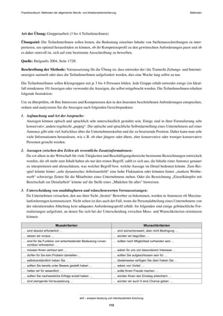 MethodenPraxishandbuch: Methoden der allgemeinen Berufs- und Arbeitsmarktorientierung
abif – analyse beratung und interdisziplinäre forschung
115
Art der Übung: Gruppenarbeit (3 bis 4 TeilnehmerInnen)
Übungsziel: Die TeilnehmerInnen sollen lernen, die Bedeutung einzelner Inhalte von Stellenausschreibungen zu inter-
pretieren, um optimal herausﬁnden zu können, ob ihr Kompetenzproﬁl zu den gewünschten Anforderungen passt und ob
es daher sinnvoll ist, sich auf eine bestimmte Ausschreibung zu bewerben.
Quelle: Ibelgaufts 2004, Seite 172ff.
Beschreibung der Methode: Vorraussetzung für die Übung ist, dass entweder der/die TrainerIn Zeitungs- und Internet-
anzeigen sammelt oder dass die TeilnehmerInnen aufgefordert werden, dies eine Woche lang selbst zu tun.
Die TeilnehmerInnen sollen Kleingruppen mit je 3 bis 4 Personen bilden. Jede Gruppe erhält entweder einige (im Ideal-
fall mindestens 10) Anzeigen oder verwendet die Anzeigen, die selbst mitgebracht wurden. Die TeilnehmerInnen erhalten
folgende Instruktion:
Um zu überprüfen, ob Ihre Interessen und Kompetenzen den in den Inseraten beschriebenen Anforderungen entsprechen,
ordnen und analysieren Sie die Anzeigen nach folgenden Gesichtspunkten:
1. Aufmachung und Art der Ansprache:
Anzeigen können optisch und sprachlich sehr unterschiedlich gestaltet sein. Einige sind in ihrer Formulierung sehr
konservativ; andere regelrecht „peppig“. Die optische und sprachliche Selbstdarstellung eines Unternehmens auf einer
Annonce gibt sehr viel Aufschluss über die Unternehmenskultur und die zu besetzende Position. Daher kann man sehr
viele Informationen herauslesen, wie z.B. ob eher jüngere oder ältere, eher konservative oder weniger konservative
Personen gesucht werden.
2. Aussagen zwischen den Zeilen als wesentliche Zusatzinformationen:
Da vor allem in der Wirtschaft für viele Tätigkeiten und Beschäftigungsbereiche bestimmte Bezeichnungen entwickelt
wurden, die oft mehr zum Inhalt haben als nur den reinen Begriff, zahlt es sich aus, die Inhalte einer Annonce genauer
zu interpretieren und abzuschätzen, was welcher Begriff bzw. welche Aussage im Detail bedeuten könnte. Zum Bei-
spiel könnte hinter „sehr dynamisches Arbeitsumfeld“ eine hohe Fluktuation oder könnten hinter „starkem Wettbe-
werb“ schwierige Zeiten für die Mitarbeiter eines Unternehmens stehen. Oder die Bezeichnung „Einzelkämpfer mit
Bereitschaft zur Detailarbeit“ könnte auf die Stelle eines „Mädchen für alles“ hinweisen.
3. Unterscheidung von unabdingbaren und wünschenswerten Vorraussetzungen:
Da Unternehmen versuchen, den aus ihrer Sicht „besten“ Bewerber zu bekommen, werden in Annoncen oft Maxima-
lanforderungen kommuniziert. Nicht selten ist dies auch der Fall, wenn die Personalabteilung eines Unternehmens von
der rekrutierenden Abteilung kein adäquates Anforderungsproﬁl erhält. Im folgenden sind einige gebräuchliche For-
mulierungen aufgelistet, an denen Sie sich bei der Unterscheidung zwischen Muss- und Wunschkriterien orientieren
können:
Musskriterien Wunschkriterien
… sind absolut erforderlich … … sind wünschenswert, aber nicht Bedingung …
… setzen wir voraus … … würden wir begrüßen …
… sind für die Funktion von entscheidender Bedeutung/unver-
zichtbar/erforderlich …
… sollten nach Möglichkeit vorhanden sein …
… müssen Ihnen vertraut sein … … wären für uns von besonderem Interesse …
… dürfen für Sie kein Problem darstellen … … sollten Sie aufgeschlossen sein für …
… selbstverständlich haben Sie … … idealerweise verfügen Sie über/haben Sie …
… sollten Sie bereits unter Beweis gestellt haben … … wären von Vorteil …
… halten wir für wesentlich … … sollte Ihnen Freude machen …
… sollten Sie nachweisliche Erfolge erzielt haben … … würden Ihnen den Einstieg erleichtern …
… sind zwingende Vorraussetzung … … würden wir auch X eine Chance geben …
 