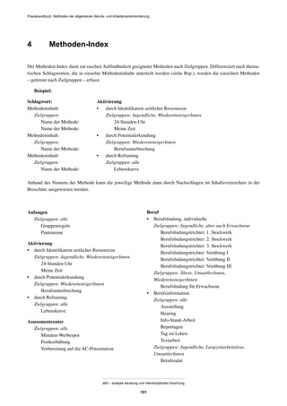 Praxishandbuch: Methoden der allgemeinen Berufs- und Arbeitsmarktorientierung
abif – analyse beratung und interdisziplinäre forschung
151
4 Methoden-Index
Anfangen
Zielgruppen: alle
Gruppenregeln
Pantomime
Aktivierung
• durch Identiﬁkation zeitlicher Ressourcen
Zielgruppen: Jugendliche, WiedereinsteigerInnen
24-Stunden-Uhr
Meine Zeit
• durch Potentialerkundung
Zielgruppen: WiedereinsteigerInnen
Berufsunterbrechung
• durch Reframing
Zielgruppen: alle
Lebenskurve
Assessmentcenter
Zielgruppen: alle
Minuten-Werbespot
Postkorbübung
Vorbereitung auf die AC-Präsentation
Beruf
• Berufsﬁndung, individuelle
Zielgruppen: Jugendliche, aber auch Erwachsene
Berufsﬁndungstrichter: 1. Stockwerk
Berufsﬁndungstrichter: 2. Stockwerk
Berufsﬁndungstrichter: 3. Stockwerk
Berufsﬁndungstrichter: Vorübung I
Berufsﬁndungstrichter: Vorübung II
Berufsﬁndungstrichter: Vorübung III
Zielgruppen: Ältere, UmsattlerInnen,
WiedereinsteigerInnen
Berufsﬁndung für Erwachsene
• Berufsinformation
Zielgruppen: alle
Ausstellung
Hearing
Info-Stand-Arbeit
Reportagen
Tag im Leben
Textarbeit
Zielgruppen: Jugendliche, Langzeitarbeitslose,
UmsattlerInnen
Berufesalat
Der Methoden-Index dient zur raschen Aufﬁndbarkeit geeigneter Methoden nach Zielgruppen. Differenziert nach thema-
tischen Schlagworten, die in einzelne Methodeninhalte unterteilt werden (siehe Bsp.), werden die einzelnen Methoden
– getrennt nach Zielgruppen – erfasst.
Beispiel:
Schlagwort: Aktivierung
Methodeninhalt: • durch Identiﬁkation zeitlicher Ressourcen
Zielgruppen: Zielgruppen: Jugendliche, WiedereinsteigerInnen
Name der Methode: 24-Stunden-Uhr
Name der Methode: Meine Zeit
Methodeninhalt: • durch Potentialerkundung
Zielgruppen: Zielgruppen: WiedereinsteigerInnen
Name der Methode: Berufsunterbrechung
Methodeninhalt: • durch Reframing
Zielgruppen: Zielgruppen: alle
Name der Methode: Lebenskurve
Anhand des Namens der Methode kann die jeweilige Methode dann durch Nachschlagen im Inhaltsverzeichnis in der
Broschüre ausgewiesen werden.
 