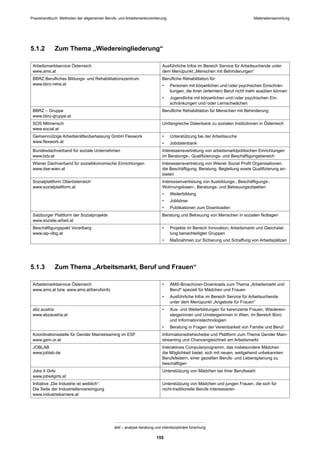 Praxishandbuch: Methoden der allgemeinen Berufs- und Arbeitsmarktorientierung
abif – analyse beratung und interdisziplinäre forschung
155
5.1.2 Zum Thema „Wiedereingliederung“
Arbeitsmarktservice Österreich
www.ams.at
Ausführliche Infos im Bereich Service für Arbeitsuchende unter
dem Menüpunkt „Menschen mit Behinderungen“
BBRZ Beruﬂiches Bildungs- und Rehabilitationszentrum
www.bbrz-reha.at
Beruﬂiche Rehabilitation für:
• Personen mit körperlichen und/oder psychischen Einschrän-
kungen, die ihren (erlernten) Beruf nicht mehr ausüben können
• Jugendliche mit körperlichen und/oder psychischen Ein-
schränkungen und/oder Lernschwächen
BBRZ – Gruppe
www.bbrz-gruppe.at
Beruﬂiche Rehabilitation für Menschen mit Behinderung
SOS Mitmensch
www.social.at
Umfangreiche Datenbank zu sozialen Institutionen in Österreich
Gemeinnützige Arbeitskräfteüberlassung GmbH Flexwork
www.ﬂexwork.at
• Unterstützung bei der Arbeitssuche
• Jobdatenbank
Bundesdachverband für soziale Unternehmen
www.bdv.at
Interessensvertretung von arbeitsmarktpolitischen Einrichtungen
im Beratungs-, Qualiﬁzierungs- und Beschäftigungsbereich
Wiener Dachverband für sozialökonomische Einrichtungen
www.dse-wien.at
Interessensvertretung von Wiener Social Proﬁt Organisationen,
die Beschäftigung, Beratung, Begleitung sowie Qualiﬁzierung an-
bieten
Sozialplattform Oberösterreich
www.sozialplattform.at
Interessenvertretung von Ausbildungs-, Beschäftigungs-,
Wohnungslosen-, Beratungs- und Betreuungsobjekten
• Weiterbildung
• Jobbörse
• Publikationen zum Downloaden
Salzburger Plattform der Sozialprojekte
www.soziale-arbeit.at
Beratung und Betreuung von Menschen in sozialen Notlagen
Beschäftigungspakt Vorarlberg
www.iap-vlbg.at
• Projekte im Bereich Innovation, Arbeitsmarkt und Gleichstel-
lung benachteiligter Gruppen
• Maßnahmen zur Sicherung und Schaffung von Arbeitsplätzen
5.1.3 Zum Thema „Arbeitsmarkt, Beruf und Frauen“
Arbeitsmarktservice Österreich
www.ams.at bzw. www.ams.at/berufsinfo
• AMS-Broschüren-Downloads zum Thema „Arbeitsmarkt und
Beruf“ speziell für Mädchen und Frauen
• Ausführliche Infos im Bereich Service für Arbeitsuchende
unter dem Menüpunkt „Angebote für Frauen“
abz.austria
www.abzaustria.at
• Aus- und Weiterbildungen für karenzierte Frauen, Wiederein-
steigerinnen und Umsteigerinnen in Wien, im Bereich Büro
und Informationstechnologien
• Beratung in Fragen der Vereinbarkeit von Familie und Beruf
Koordinationsstelle für Gender Mainstreaming im ESF
www.gem.or.at
Informationsdrehscheibe und Plattform zum Thema Gender Main-
streaming und Chancengleichheit am Arbeitsmarkt
JOBLAB
www.joblab.de
Interaktives Computerprogramm, das insbesondere Mädchen
die Möglichkeit bietet, sich mit neuen, weitgehend unbekannten
Berufsfeldern, einer gezielten Berufs- und Lebensplanung zu
beschäftigen
Jobs 4 Girls
www.jobs4girls.at
Unterstützung von Mädchen bei ihrer Berufswahl
Initiative „Die Industrie ist weiblich“:
Die Seite der Industriellenvereinigung
www.industriekarriere.at
Unterstützung von Mädchen und jungen Frauen, die sich für
nicht-traditionelle Berufe interessieren
Materialiensammlung
 
