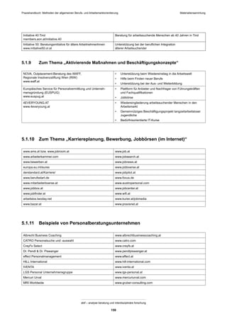 Praxishandbuch: Methoden der allgemeinen Berufs- und Arbeitsmarktorientierung
abif – analyse beratung und interdisziplinäre forschung
159
Initiative 40 Tirol
members.aon.at/initiative.40
Beratung für arbeitssuchende Menschen ab 40 Jahren in Tirol
Initiative 50: Beratungsinitiative für ältere ArbeitnehmerInnen
www.initiative50.or.at
Unterstützung bei der beruﬂichen Integration
älterer Arbeitsuchender
5.1.9 Zum Thema „Aktivierende Maßnahmen und Beschäftigungskonzepte“
NOVA, Outplacement-Beratung des WAFF,
Regionale Insolvenzstiftung Wien (RIW)
www.waff.at
• Unterstützung beim Wiedereinstieg in die Arbeitswelt
• Hilfe beim Finden neuer Berufe
• Unterstützung bei der Aus- und Weiterbildung
Europäisches Service für Personalvermittlung und Unterneh-
mensgründung (EUSPUG)
www.euspug.at
• Plattform für Anbieter und Nachfrager von Führungskräften
und Fachqualiﬁkationen
• Jobbörse
4EVERYOUNG.AT
www.4everyoung.at
• Wiedereingliederung arbeitssuchender Menschen in den
Arbeitsmarkt
• Gemeinnütziges Beschäftigungsprojekt langzeitarbeitsloser
Jugendliche
• Bedürfnisorientierte IT-Kurse
5.1.10 Zum Thema „Karriereplanung, Bewerbung, Jobbörsen (im Internet)“
www.ams.at bzw. www.jobroom.at www.job.at
www.arbeiterkammer.com www.jobsearch.at
www.bewerben.at www.jobnews.at
europa.eu.int/eures www.jobboerse.at
derstandard.at/Karriere/ www.jobpilot.at
www.berufsstart.de www.focus.de
www.mitarbeiterboerse.at www.austropersonal.com
www.jobbox.at www.jobcenter.at
www.jobﬁnder.at www.wiﬁ.at
arbeitslos.twoday.net www.kurier.at/jobmedia
www.bazar.at www.praxisnet.at
5.1.11 Beispiele von Personalberatungsunternehmen
Albrecht Business Coaching www.albrechtbusinesscoaching.at
CATRO Personalsuche und -auswahl www.catro.com
Creyf’s Select www.creyfs.at
Dr. Pendl & Dr. Piswanger www.pendlpiswanger.at
effect Personalmanagement www.effect.at
HILL International www.hill-international.com
IVENTA www.iventa.at
LGS Personal Unternehmensgruppe www.lgs-personal.at
Mercuri Urval www.mercuriurval.com
MRI Worldwide www.gruber-consulting.com
Materialiensammlung
 