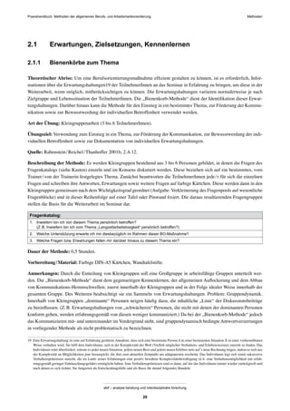 Praxishandbuch: Methoden der allgemeinen Berufs- und Arbeitsmarktorientierung Methoden
abif – analyse beratung und interdisziplinäre forschung
20
2.1 Erwartungen, Zielsetzungen, Kennenlernen
2.1.1 Bienenkörbe zum Thema
Theoretischer Abriss: Um eine Berufsorientierungsmaßnahme efﬁzient gestalten zu können, ist es erforderlich, Infor-
mationen über die Erwartungshaltungen19 der TeilnehmerInnen an das Seminar in Erfahrung zu bringen, um diese in der
Weiterarbeit, wenn möglich, mitberücksichtigen zu können. Die Erwartungshaltungen variieren normalerweise je nach
Zielgruppe und Lebenssituation der TeilnehmerInnen. Die „Bienenkorb-Methode“ dient der Identiﬁkation dieser Erwar-
tungshaltungen. Darüber hinaus kann die Methode für den Einstieg in ein bestimmtes Thema, zur Förderung der Kommu-
nikation sowie zur Bewusstwerdung der individuellen Betroffenheit verwendet werden.
Art der Übung: Kleingruppenarbeit (3 bis 6 TeilnehmerInnen).
Übungsziel: Verwendung zum Einstieg in ein Thema, zur Förderung der Kommunikation, zur Bewusstwerdung der indi-
viduellen Betroffenheit sowie zur Dokumentation von individuellen Erwartungshaltungen.
Quelle: Rabenstein/Reichel/Thanhoffer 2001b, 2.A 12.
Beschreibung der Methode: Es werden Kleingruppen bestehend aus 3 bis 6 Personen gebildet, in denen die Fragen des
Fragenkatalogs (siehe Kasten) einzeln und im Konsens diskutiert werden. Diese beziehen sich auf ein bestimmtes, vom
Trainer/von der Trainerin festgelegtes Thema. Zunächst beantworten die TeilnehmerInnen jede/r für sich die einzelnen
Fragen und schreiben ihre Antworten, Erwartungen sowie weitere Fragen auf farbige Kärtchen. Diese werden dann in den
Kleingruppen gemeinsam nach dem Wichtigkeitsgrad geordnet (Aufgabe: Verkleinerung des Fragenpools auf wesentliche
Fragenblöcke) und in dieser Reihenfolge auf einer Tafel oder Pinwand ﬁxiert. Die daraus resultierenden Fragengruppen
stellen die Basis für die Weiterarbeit im Seminar dar.
Fragenkatalog:
1. Inwiefern bin ich von diesem Thema persönlich betroffen?
(Z.B. Inwiefern bin ich vom Thema „Langzeitarbeitslosigkeit“ persönlich betroffen?)
2. Welche Unterstützung erwarte ich mir diesbezüglich im Rahmen dieser BO-Maßnahme?
3. Welche Fragen bzw. Erwartungen fallen mir darüber hinaus zu diesem Thema ein?
Dauer der Methode: 0,5 Stunden.
Vorbereitung/Material: Farbige DIN-A5 Kärtchen, Wandtafelstifte.
Anmerkungen: Durch die Einteilung von Kleingruppen soll eine Großgruppe in arbeitsfähige Gruppen unterteilt wer-
den. Die „Bienenkorb-Methode“ dient dem gegenseitigen Kennenlernen, der allgemeinen Auﬂockerung und dem Abbau
von Kommunikations-Hemmschwellen; zuerst innerhalb der Kleingruppen und in der Folge idealer Weise innerhalb der
gesamten Gruppe. Des Weiteren beabsichtigt sie ein Sammeln von Erwartungshaltungen. Problem: Gruppendynamik.
Innerhalb von Kleingruppen „dominante“ Personen neigen häuﬁg dazu, die inhaltliche „Linie“ der Diskussionsbeiträge
zu beeinﬂussen. (Z.B. Erwartungshaltungen von „schwächeren“ Personen, die nicht mit denen der dominanten Personen
konform gehen, werden erfahrungsgemäß von diesen weniger kommuniziert.) Da bei der „Bienenkorb-Methode“ jedoch
das Kommunizieren mit- und untereinander im Vordergrund steht, sind gruppendynamisch bedingteAntwortverzerrungen
in vorliegender Methode als nicht problematisch zu bezeichnen.
19 Eine Erwartungshaltung ist eine auf Erfahrung gestützte Annahme, dass sich eine bestimmte Person A in einer bestimmten Situation X in einer vorhersehbaren
Weise verhalten wird. Sie hilft dem Individuum, sich in der Komplexität der Welt (Vielfalt möglicher Verhaltens- und Erlebensweisen) zurecht zu ﬁnden. Das
Individuum wäre überfordert, müsste es jeder neuen Situation, jedem neuen Reiz und jedem neuen Erleben stets auf’s neue Rechnung tragen, indem es sich aus
der Komplexität an Möglichkeiten jene herauspickt, die ihm zum aktuellen Zeitpunkt am adäquatesten erscheint. Das Individuum legt sich somit sukzessive
Verhaltensprämissen zurecht, die im Laufe seiner Erfahrungen eine positiv bewährte Komplexitätsbewältigung (d.h. eine Verhaltensmöglichkeit mit erfah-
rungsgemäß geringer Enttäuschungsgefahr) ermöglicht haben. Jene Verhaltensprämissen sind es dann, auf die das Individuum immer wieder zurückgreift und
nach denen es sich richtet. Sie fungieren als Entscheidungshilfe und als Basis für darauf folgendes Handeln.
 