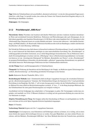 MethodenPraxishandbuch: Methoden der allgemeinen Berufs- und Arbeitsmarktorientierung
abif – analyse beratung und interdisziplinäre forschung
21
Tipp: Sollen die TeilnehmerInnen sich ausschließlich „thematisch aufwärmen“, ist eine der oben genannten Fragen ausrei-
chend bzw. sollte Frage 2 so gestellt werden, dass seitens des Trainers/der Trainerin darauf kein Eingehen nötig ist (z.B.
Darstellung des Idealbildes vom Kurs).
Zielgruppen: Alle Zielgruppen.
2.1.2 Prioritätenspiel „AMS-Kurs“
Theoretischer Abriss: Prioritäten sind Ausdruck individueller Präferenzen und diese wiederum Ausdruck internalisier-
ter Werte und soziokulturell formierter Bedürfnisse. Präferenzen sind Wertschätzungen oder auch Abneigungen, die ein
Individuum gegenüber einer begehrten Dienstleistung (z.B. BO-Kurs) oder einem begehrten Gut (z.B. Integration in den
Arbeitsmarkt) hegt. Dergestalt steuern sie soziales Handeln und damit – bewusst oder unbewusst – individuelles Entschei-
dungs- und Wahlverhalten (z.B. Berufswahl). Präferenzen beeinﬂussen aber nicht nur Handlungen, sondern sind ihrerseits
beeinﬂussbar (z.B. durch Beratung, Aufklärung).
Die Vielzahl der Präferenzen eines Individuums ist hierarchisch strukturiert (Prioritätenordnung). Je nach sozialer Herkunft
bzw. je nach Lebenswelt des Individuums unterliegen sie einer unterschiedlichen Gewichtung. Das „Prioritätenspiel“ ist
erfahrungsgemäß ein bewährtes Instrument, um an solche Rangordnungen heranzukommen. Da aus Präferenzen indivi-
duelle Erwartungshaltungen erwachsen und eine „Offenlegung“ dieser in Berufsorientierungsmaßnahmen von besonde-
rem Interesse ist (vgl. „Soziologischer Hintergrund“ bei Methode „Bienenkörbe zum Thema“), ist das „Prioritätenspiel“
als geeignete Einstiegsübung zu betrachten, die gleichermaßen „auﬂockert“ (gegenseitiges Kennenlernen) wie spielerisch
individuelle Interessen/Wertschätzungen/Präferenzen der Kurs-TeilnehmerInnen identiﬁziert.
Art der Übung: Einzel- und Kleingruppenarbeit (4 TeilnehmerInnen).
Übungsziel: Zur Förderung der Interaktion und der Beteiligung in der Gruppe, zur Reﬂexion eigener Zielsetzungen hin-
sichtlich „Berufsorientierung“, zur Darstellung persönlicher Erwartungen an das Seminar.
Quelle: Rabenstein/Reichel/Thanhoffer 2001a, 1.D 11.
Beschreibung der Methode: Jede/r TeilnehmerIn erhält eine Kopie vorgegebenerAussagen, die verschiedene Zielsetzun-
gen des „Berufsorientierungskurses“ benennen. Die TeilnehmerInnen bringen die Statements (6 bis 7) nach persönlicher
Gewichtung in eine Rangfolge. Die Zahl „1“ soll vor jene Aussage gesetzt werden, die den TeilnehmerInnen als wichtigs-
tes Merkmal für einen effektiven Berufsorientierungskurs erscheint. „6“ bzw. „7“ ist der Rang desjenigen Merkmals, das
den TeilnehmerInnen für einen guten Orientierungskurs am wenigsten wichtig ist.
Anschließend wird die Großgruppe dazu aufgefordert, in Vierergruppen zu gehen. Die Vierergruppen werden dazu ein-
geladen, sich innerhalb von 10 bis 15 Minuten (Zeitdruck ist wichtig) auf eine gemeinsame Reihung der ersten drei bzw.
vier Statements zu einigen.
Mögliche Weiterführung der Übung: Die Gruppen stellen ihre Entscheidung im Plenum vor und begründen sie. Im Ple-
num wird dann auf die an der Spitze liegenden Kriterien begründend eingegangen.
Dauer: 0,5 Stunden.
Vorbereitung/Material: Kopien mit 6 bis 7 vorgegebenen Statements.
Anmerkungen: Um Lernprozesse, neue Erkenntnisse und Erfahrungen zulassen zu können, ist es wichtig, sich in einem
ersten Schritt den eigenen Zielvorstellungen bewusst zu werden. Eine gute Möglichkeit, um einen solchen Prozess ein-
zuleiten, stellt die Methode „Prioritätenspiel AMS-Kurs“ dar. Diese Methode dient dem/der TrainerIn dazu, persönliche
 
