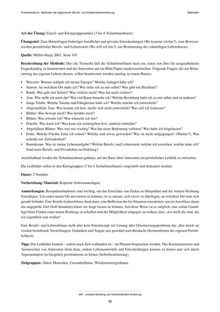 MethodenPraxishandbuch: Methoden der allgemeinen Berufs- und Arbeitsmarktorientierung
abif – analyse beratung und interdisziplinäre forschung
33
Art der Übung: Einzel- und Kleingruppenarbeit (3 bis 6 TeilnehmerInnen).
Übungsziel: Zum Hinterfragen bisheriger beruﬂicher und privater Entscheidungen (Wo komme ich her?), zum Bewusst-
werden persönlicher Berufs- und Lebensziele (Wo will ich hin?), zur Bestimmung des zukünftigen Lebenskurses.
Quelle: Müller-Harju 2001, Seite 105.
Beschreibung der Methode: Der/die TrainerIn lädt die TeilnehmerInnen dazu ein, einen von ihm/ihr ausgearbeiteten
Fragenkatalog zu beantworten und die Antworten auf ein Blatt Papier niederzuschreiben. Folgende Fragen, die zur Bilan-
zierung des eigenen Lebens dienen, sollen beantwortet werden (analog zu einem Baum):
• Wurzeln: Woraus schöpfe ich meine Energie? Welche Anlagen habe ich?
• Stamm: An welchem Ort stehe ich? Wie stehe ich zu mir selbst? Was gibt mir Rückhalt?
• Rinde: Was gibt mir Schutz? Was verletzt mich? Was hat mich verletzt?
• Äste: Wie stelle ich mich dar? Wie viel Raum brauche ich? Welche Beziehung habe ich zu mir selbst und zu anderen?
• Junge Triebe: Welche Talente und Fähigkeiten habe ich? Welche möchte ich entwickeln?
• Abgestorbene Äste: Was konnte ich bzw. durfte sich nicht entwickeln? Was soll ich loslassen?
• Blätter: Was bewegt mich? Was berührt mich?
• Blüten: Was erwarte ich? Was wünsche ich mir?
• Früchte: Was kann ich? Was kann ich weitergeben bzw. anderen mitteilen?
• Abgefallene Blätter: Was war mir wichtig? Was hat seine Bedeutung verloren? Was habe ich losgelassen?
• Ernte: Welche Früchte kann ich ernten? Welche sind etwas geworden? Was ist nicht aufgegangen? (Warum?), Was
schenkt mir Zufriedenheit?
• Baumkrone: Was ist meine Lebensaufgabe? Welche Berufs- und Lebensziele möchte ich erreichen, welche habe ich?
Sind mein Berufs- und Privatleben im Einklang?
Anschließend werden die TeilnehmerInnen gebeten, auf der Basis ihrer Antworten ein persönliches Leitbild zu entwerfen.
Die Leitbilder sollen in den Kleingruppen (3 bis 6 TeilnehmerInnen) vorgestellt und diskutiert werden.
Dauer: 2 Stunden.
Vorbereitung/Material: Kopierte Arbeitsunterlagen.
Anmerkungen: Bestandsaufnahmen sind wichtig, um das Erreichen von Zielen zu überprüfen und die weitere Richtung
festzulegen. Um einen neuen Ort anvisieren zu können, ist es ratsam, sich zuvor zu überlegen, an welchem Ort man sich
gerade beﬁndet. Eine Berufs-Lebensbilanz dient dazu, eine Reﬂexion der Ist-Situation einzuleiten, um imAnschluss daran
das angepeilte Ziel (Soll-Situation) klarer ins Auge fassen zu können. Auf diese Weise ist es möglich, eine solide Grund-
lage beim Finden einer neuen Richtung zu schaffen und der Möglichkeit entgegen zu wirken, dass „wir nicht die sind, die
wir eigentlich sein wollen“.
Eine Berufs- und Lebensbilanz stellt aber kein Patentrezept zur Lösung aller Orientierungsprobleme dar, aber durch sie
werden bestehende Vorstellungen, Gedanken und Ängste neu geordnet und überdacht (Kennenlernen der eigenen Persön-
lichkeit).
Tipp: Die Leitbilder können – sofern noch Zeit vorhanden ist – im Plenum besprochen werden. Das Kommunizieren und
Austauschen von Antworten dient dazu, andere Lebensentwürfe und Entscheidungen kennen zu lernen und sich durch
Argumentation im Gespräch positionieren zu lernen (Selbstbestimmung).
Zielgruppen: Ältere Menschen, UmsattlerInnen, WiedereinsteigerInnen.
 