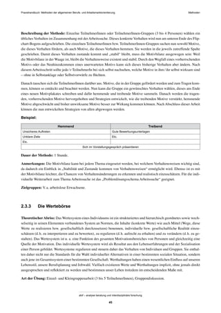 MethodenPraxishandbuch: Methoden der allgemeinen Berufs- und Arbeitsmarktorientierung
abif – analyse beratung und interdisziplinäre forschung
45
Beschreibung der Methode: Einzelne TeilnehmerInnen oder TeilnehmerInnen-Gruppen (3 bis 4 Personen) wählen ein
übliches Verhalten im Zusammenhang mit derArbeitssuche. Dieses konkrete Verhalten wird nun am unteren Ende des Flip-
chart-Bogens aufgeschrieben. Die einzelnen TeilnehmerInnen bzw. TeilnehmerInnen-Gruppen suchen nun sowohl Motive,
die dieses Verhalten fördern, als auch Motive, die dieses Verhalten hemmen. Sie werden in die jeweils zutreffende Spalte
geschrieben. Damit dieses Verhalten zustande kommt und „stabil“ bleibt, muss die Motivbilanz ausgewogen sein: Weil
die Motivbilanz in der Waage ist, bleibt die Verhaltensweise existent und stabil. Durch den Wegfall eines vorherrschenden
Motivs oder das Neuhinzukommen eines unerwarteten Motivs kann sich dieses bisherige Verhalten aber ändern. Nach
diesem Arbeitsschritt sollte jede/r TeilnehmerIn bei sich selbst nachsehen, welche Motive in ihm/ihr selbst wirksam sind
– ohne in Selbstanklage oder Selbstvorwürfe zu ﬂüchten.
Danach tauschen sich die TeilnehmerInnen darüber aus. Motive, die in der Gruppe gefördert werden und zum Tragen kom-
men, können so entdeckt und beachtet werden. Nun kann die Gruppe ein gewünschtes Verhalten wählen, dieses ans Ende
eines neuen Motivplakates schreiben und dafür hemmende und treibende Motive sammeln. Danach werden die tragen-
den, vorherrschenden Motive hervorgehoben und Strategien entwickelt, wie die treibenden Motive verstärkt, hemmende
Motive abgeschwächt und bisher unwirksame Motive besser zur Wirkung kommen können. Nach Abschluss dieser Arbeit
können die nun entwickelten Strategien von allen abgewogen werden.
Beispiel:
Hemmend Treibend
Unsicheres Auftreten Gute Bewerbungsunterlagen
Unklare Ziele Etc.
Etc.
Sich im Vorstellungsgespräch präsentieren
Dauer der Methode: 1 Stunde.
Anmerkungen: Die Motivbilanz kann bei jedem Thema eingesetzt werden, bei welchem Verhaltensweisen wichtig sind,
da dadurch ein Einblick in „Stabilität und Zustande kommen von Verhaltensweisen“ ermöglicht wird. Ebenso ist es mit
der Motivbilanz leichter, die Chancen von Verhaltensänderungen zu erkennen und realistisch einzuschätzen. Für die indi-
viduelle Weiterarbeit zum Thema Arbeitssuche ist das „Problemlösungsschema Arbeitssuche“ geeignet.
Zielgruppen: V.a. arbeitslose Erwachsene.
2.3.3 Die Wertebörse
TheoretischerAbriss: Das Wertesystem eines Individuums ist ein strukturiertes und hierarchisch geordnetes sowie wech-
selseitig in seinen Elementen verbundenes System an Normen, die Inhalte (konkrete Werte) wie auch Mittel (Wege, diese
Werte zu realisieren bzw. gesellschaftlich durchzusetzen) benennen, individuelle bzw. gesellschaftliche Realität einzu-
schätzen (d.h. zu interpretieren und zu bewerten), zu regulieren (d.h. aufrecht zu erhalten) und zu verändern (d.h. zu ge-
stalten). Das Wertesystem ist u. a. eine Funktion des gesamten Motivationsbereiches von Personen und gleichzeitig eine
Quelle der Motivation. Das individuelle Wertesystem wird als Resultat aus den Lebenserfahrungen und der Sozialisation
einer Person gebildet. Wertesysteme regulieren und steuern daher das Verhalten von Individuen und Gruppen. Sie enthal-
ten daher nicht nur die Standards für die Wahl individueller Alternativen in einer bestimmten sozialen Situation, sondern
auch jene im Gesamtssystem einer bestimmten Gesellschaft. Werthaltungen haben einen wesentlichen Einﬂuss auf unseren
Lebensstil, unsere Berufsplanung und Jobwahl. Vielfach existieren Werte und Werthaltungen implizit, ohne jemals direkt
ausgesprochen und reﬂektiert zu werden und bestimmen unser Leben trotzdem im entscheidenden Maße mit.
Art der Übung: Einzel- und Kleingruppenarbeit (3 bis 5 TeilnehmerInnen), Gruppendiskussion.
 