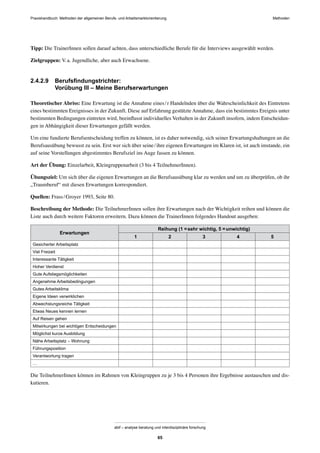 MethodenPraxishandbuch: Methoden der allgemeinen Berufs- und Arbeitsmarktorientierung
abif – analyse beratung und interdisziplinäre forschung
65
Tipp: Die TrainerInnen sollen darauf achten, dass unterschiedliche Berufe für die Interviews ausgewählt werden.
Zielgruppen: V.a. Jugendliche, aber auch Erwachsene.
2.4.2.9 Berufsﬁndungstrichter:
Vorübung III – Meine Berufserwartungen
Theoretischer Abriss: Eine Erwartung ist die Annahme eines/r Handelnden über die Wahrscheinlichkeit des Eintretens
eines bestimmten Ereignisses in der Zukunft. Diese auf Erfahrung gestützte Annahme, dass ein bestimmtes Ereignis unter
bestimmten Bedingungen eintreten wird, beeinﬂusst individuelles Verhalten in der Zukunft insofern, indem Entscheidun-
gen in Abhängigkeit dieser Erwartungen gefällt werden.
Um eine fundierte Berufsentscheidung treffen zu können, ist es daher notwendig, sich seiner Erwartungshaltungen an die
Berufsausübung bewusst zu sein. Erst wer sich über seine/ihre eigenen Erwartungen im Klaren ist, ist auch imstande, ein
auf seine Vorstellungen abgestimmtes Berufsziel ins Auge fassen zu können.
Art der Übung: Einzelarbeit, Kleingruppenarbeit (3 bis 4 TeilnehmerInnen).
Übungsziel: Um sich über die eigenen Erwartungen an die Berufsausübung klar zu werden und um zu überprüfen, ob ihr
„Traumberuf“ mit diesen Erwartungen korrespondiert.
Quellen: Frass/Groyer 1993, Seite 80.
Beschreibung der Methode: Die TeilnehmerInnen sollen ihre Erwartungen nach der Wichtigkeit reihen und können die
Liste auch durch weitere Faktoren erweitern. Dazu können die TrainerInnen folgendes Handout ausgeben:
Erwartungen
Reihung (1 =sehr wichtig, 5 =unwichtig)
1 2 3 4 5
Gesicherter Arbeitsplatz
Viel Freizeit
Interessante Tätigkeit
Hoher Verdienst
Gute Aufstiegsmöglichkeiten
Angenehme Arbeitsbedingungen
Gutes Arbeitsklima
Eigene Ideen verwirklichen
Abwechslungsreiche Tätigkeit
Etwas Neues kennen lernen
Auf Reisen gehen
Mitwirkungen bei wichtigen Entscheidungen
Möglichst kurze Ausbildung
Nähe Arbeitsplatz – Wohnung
Führungsposition
Verantwortung tragen
…
Die TeilnehmerInnen können im Rahmen von Kleingruppen zu je 3 bis 4 Personen ihre Ergebnisse austauschen und dis-
kutieren.
 