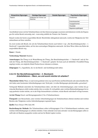 MethodenPraxishandbuch: Methoden der allgemeinen Berufs- und Arbeitsmarktorientierung
abif – analyse beratung und interdisziplinäre forschung
69
Körperliche Eignungen Geistige Eignungen Soziale Eignungen Psychische Eignungen
Tastsinn Gedächtnis für Formen und
Gesichter
Pünktlichkeit
Entschlossenheit
Ausgeglichenheit
Flexibilität
Begeisterungsfähigkeit
Anschließend setzen sich die TeilnehmerInnen mit ihrer Interessensgruppe zusammen und diskutieren welche der Eignun-
gen für welche Berufe notwendig sind – wenn nötig mithilfe des Trainers/der Trainerin.
Danach werden die bereits ausgewählten Berufe/Berufsfelder dahingehend untersucht, welche der Fähigkeiten der Teil-
nehmerInnen auf diese zutreffen.
Zu zweit werden alle Berufe, die sich die TeilnehmerInnen bereits nach Schritt 1 (vgl. „Der Berufsﬁndungstrichter – 1.
Stockwerk“) zugeordnet haben, auf die dazu notwendigen Fähigkeiten untersucht. Auf diese Weise fallen eine Reihe der
ausgewählten Berufe weg.
Dauer: 1 Stunde.
Vorbereitung/Material: Handout.
Anmerkungen: Die Übung ist als Weiterführung der Übung „Der Berufsﬁndungstrichter – 1. Stockwerk“ und als Vor-
stufe der Übung „Der Berufsﬁndungstrichter – 3. Stockwerk“ gedacht. Sie kann auch als Selbstbild-/Fremdbild-Übung
angelegt werden, um mögliche blinde Flecken besser erkennen zu können.
Zielgruppen: V.a. Jugendliche, die vor der Berufs- und Ausbildungswahl stehen.
2.4.2.12 Der Berufsﬁndungstrichter – 3. Stockwerk:
Arbeitsfaktoren – Wann, wo und womit möchte ich arbeiten?
TheoretischerAbriss: Wann, wo und womit gearbeitet wird, ist je nach Position und Berufsbranche sehr unterschiedlich. Be-
rufe ﬁnden unter bestimmten Arbeitsbedingungen statt. Nicht jede/r ist allen Bedingungen gleichermaßen „gewachsen“.
Vorliegende Methode unterstützt die TeilnehmerInnen dabei, sich über die Arbeitsbedingungen, unter welcher die ge-
wünschte Berufspraxis erlebt werden möchte, klar zu werden. Es wird geklärt, unter welchen Rahmenbedingungen bevor-
zugt gearbeitet werden möchte, um in der Folge herausarbeiten zu können, welche Berufe individuell in Frage kommen.
Art der Übung: Einzel- und Kleingruppenarbeit (3 bis 4 TeilnehmerInnen).
Übungsziel: zum Herausﬁnden, unter welchen Arbeitsbedingungen die TeilnehmerInnen arbeiten möchten und welchen
Berufen oder Tätigkeiten welche Arbeitsbedingungen zugrunde liegen.
Quelle: Frass/Groyer 1994, Seite 40f.
Beschreibung der Methode: Die TeilnehmerInnen sollen in Kleingruppen (3 bis 4 TeilnehmerInnen) erarbeiten, unter
welchen Arbeitsbedingungen sie arbeiten möchten. Unten stehende Liste kann entweder von den Kleingruppen selbst er-
stellt oder als Handout ausgegeben werden und nur bei Bedarf ergänzt werden.
 