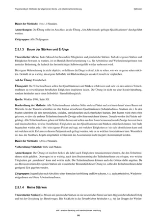 Praxishandbuch: Methoden der allgemeinen Berufs- und Arbeitsmarktorientierung Methoden
abif – analyse beratung und interdisziplinäre forschung
86
Dauer der Methode: 1 bis 1,5 Stunden.
Anmerkungen: Die Übung sollte im Anschluss an die Übung „Am Arbeitsmarkt gefragte Qualiﬁkationen“ durchgeführt
werden.
Zielgruppen: Alle Zielgruppen.
2.5.1.3 Baum der Stärken und Erfolge
Theoretischer Abriss: Jeder Mensch hat besondere Fähigkeiten und persönliche Stärken. Sich der eigenen Stärken und
Fähigkeiten bewusst zu werden, ist im Bereich Berufsorientierung v.a. für Arbeitslose und Wiedereinsteigerinnen von
zentraler Bedeutung, da dadurch das beeinträchtigte Selbstwertgefühl wieder verbessert wird.
Die eigene Wahrnehmung ist nicht objektiv, sie hilft uns die Dinge in dem Licht zu sehen, wie wir sie gerne sehen möch-
ten. Deshalb ist es wichtig, das eigene Selbstbild mit Rückmeldungen aus der Umwelt zu vergleichen.
Art der Übung: Einzelarbeit.
Übungsziel: Die TeilnehmerInnen sollen ihre Qualiﬁkationen und Stärken reﬂektieren und sich von den anderen Teilneh-
merInnen zu verschiedenen beruﬂichen Tätigkeiten inspirieren lassen. Die Übung ist nicht nur eine Kreativitätsübung,
sondern beinhaltet auch einen Selbstbild-/Fremdbildvergleich.
Quelle: Winkler 1999, Seite 50f.
Beschreibung der Methode: Alle TeilnehmerInnen erhalten Stifte und ein Plakat und zeichnen darauf einen Baum mit
Wurzeln. In die Wurzeln schreiben sie ihre formal erworbenen Qualiﬁkationen (Schulabschluss, Studium etc.). In den
Stamm schreiben sie ihre persönlichen, sozialen, intellektuellen und körperlichen Stärken. Der Stamm wird oben offen
gelassen, so dass die anderen TeilnehmerInnen die Zweige selbst hineinzeichnen können. Danach werden die Plakate auf-
gehängt.Alle TeilnehmerInnen gehen mit Stiften herum und sollen aus dem Baum herauswachsende Zweige dazuzeichnen
und hineinschreiben, welche (beruﬂichen) Tätigkeiten aus den Qualiﬁkationen und Stärken entstehen könnten. Am Ende
begutachtet wieder jede/r ihr/sein eigenes Plakat und sagt, mit welchen Tätigkeiten er/sie sich identiﬁzieren kann und
mit welchen nicht. Es kann zu diesem Zeitpunkt auch gefragt werden, wie es zu welchen Assoziationen kam. Wesentlich
ist, dass die Feedback-Regeln eingehalten werden und die Assoziationen nicht (negativ) kommentiert werden.
Dauer der Methode: 1,5 bis 2 Stunden.
Vorbereitung/Material: Stifte und Plakate.
Anmerkungen: Die Übung ist insofern heikel, als dabei auch Tätigkeiten herauskommen könnten, die den Teilnehme-
rInnen nicht gefallen. Deswegen ist es wichtig, nach dem Brainstorming der TeilnehmerInnen zu erfragen, wer welche
Tätigkeiten gut „annehmen“ kann und welche nicht. Die TeilnehmerInnen können auch die Gründe dafür angeben. Da
das Bewusstwerden der eigenen Stärken ein wesentlicher Bestandteil dieser Übung ist, sollte den TeilnehmerInnen dafür
genügend Zeit gegeben werden.
Zielgruppen: Jugendliche nach Abschluss einer formalen Ausbildung und Erwachsene, v.a. auch Arbeitslose, Wiederein-
steigerInnen und ältere ArbeitnehmerInnen.
2.5.1.4 Meine Stärken
TheoretischerAbriss: Das Wissen um persönliche Stärken ist ein wesentlicher Motor auf dem Weg zum beruﬂichen Erfolg
und bei der Gestaltung des Berufsweges. Die Rückkehr in das Erwerbsleben beinhaltet v.a. bei der Gruppe der Wieder-
 