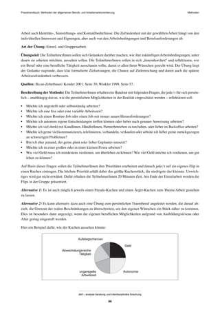 Praxishandbuch: Methoden der allgemeinen Berufs- und Arbeitsmarktorientierung Methoden
abif – analyse beratung und interdisziplinäre forschung
98
Arbeit auch Identitäts-, Sinnstiftungs- und Kontaktbedürfnisse. Die Zufriedenheit mit der gewählten Arbeit hängt von den
individuellen Interessen und Eignungen, aber auch von den Arbeitsbedingungen und Berufsanforderungen ab.
Art der Übung: Einzel- und Gruppenarbeit.
Übungsziel: Die TeilnehmerInnen sollen sich Gedanken darüber machen, wie ihre zukünftigenArbeitsbedingungen, unter
denen sie arbeiten möchten, aussehen sollen. Die TeilnehmerInnen sollen in sich „hineinhorchen“ und reﬂektieren, wie
ein Beruf oder eine beruﬂiche Tätigkeit ausschauen sollte, damit er allen ihren Wünschen gerecht wird. Der Übung liegt
der Gedanke zugrunde, dass klar formulierte Zielsetzungen, die Chance auf Zielerreichung und damit auch die spätere
Arbeitszufriedenheit verbessern.
Quellen: Bican-Zehetbauer/Kender 2001, Seite 39; Winkler 1999, Seite 57.
Beschreibung der Methode: Die TeilnehmerInnen erhalten ein Handout mit folgenden Fragen, die jede/r für sich persön-
lich – unabhängig davon, wie die persönlichen Möglichkeiten in der Realität eingeschätzt werden – reﬂektieren soll:
• Möchte ich angestellt oder selbstständig arbeiten?
• Möchte ich eine ﬁxe oder eine variable Arbeitszeit?
• Möchte ich einen Routine-Job oder einen Job mit immer neuen Herausforderungen?
• Möchte ich autonom eigene Entscheidungen treffen können oder lieber nach genauer Anweisung arbeiten?
• Möchte ich viel direkt mit KundInnen, HändlerInnen, Partnerbetrieben zu tun haben, oder lieber im Backofﬁce arbeiten?
• Möchte ich gerne viel kommunizieren, telefonieren, verhandeln, verkaufen oder arbeite ich lieber gerne zurückgezogen
an schwierigen Problemen?
• Bin ich eher jemand, der gerne plant oder lieber Geplantes umsetzt?
• Möchte ich in einer großen oder in einer kleinen Firma arbeiten?
• Wie viel Geld muss ich mindestens verdienen, um überleben zu können? Wie viel Geld möchte ich verdienen, um gut
leben zu können?
Auf Basis dieser Fragen sollen die TeilnehmerInnen ihre Prioritäten erarbeiten und danach jede/r auf ein eigenes Flip in
einen Kuchen eintragen. Die höchste Priorität erhält dabei das größte Kuchenstück, die niedrigste das kleinste. Unwich-
tiges wird gar nicht erwähnt. Dafür erhalten die TeilnehmerInnen 20 Minuten Zeit. Am Ende der Einzelarbeit werden die
Flips in der Gruppe präsentiert.
Alternative 1: Es ist auch möglich jeweils einen Freude-Kuchen und einen Ärger-Kuchen zum Thema Arbeit gestalten
zu lassen.
Alternative 2: Es kann alternativ dazu auch eine Übung zum persönlichen Traumberuf angeleitet werden, die darauf ab-
zielt, die Grenzen der realen Beschränkungen zu überschreiten, um den eigenen Wünschen ein Stück näher zu kommen.
Dies ist besonders dann angezeigt, wenn die eigenen beruﬂichen Möglichkeiten aufgrund von Ausbildungsniveau oder
Alter gering eingestuft werden.
Hier ein Beispiel dafür, wie der Kuchen aussehen könnte:
Aufstiegschancen
Geld
Autonomie
Abwechslungsreiche
Tätigkeit
ungeregelte
Arbeitszeit
 