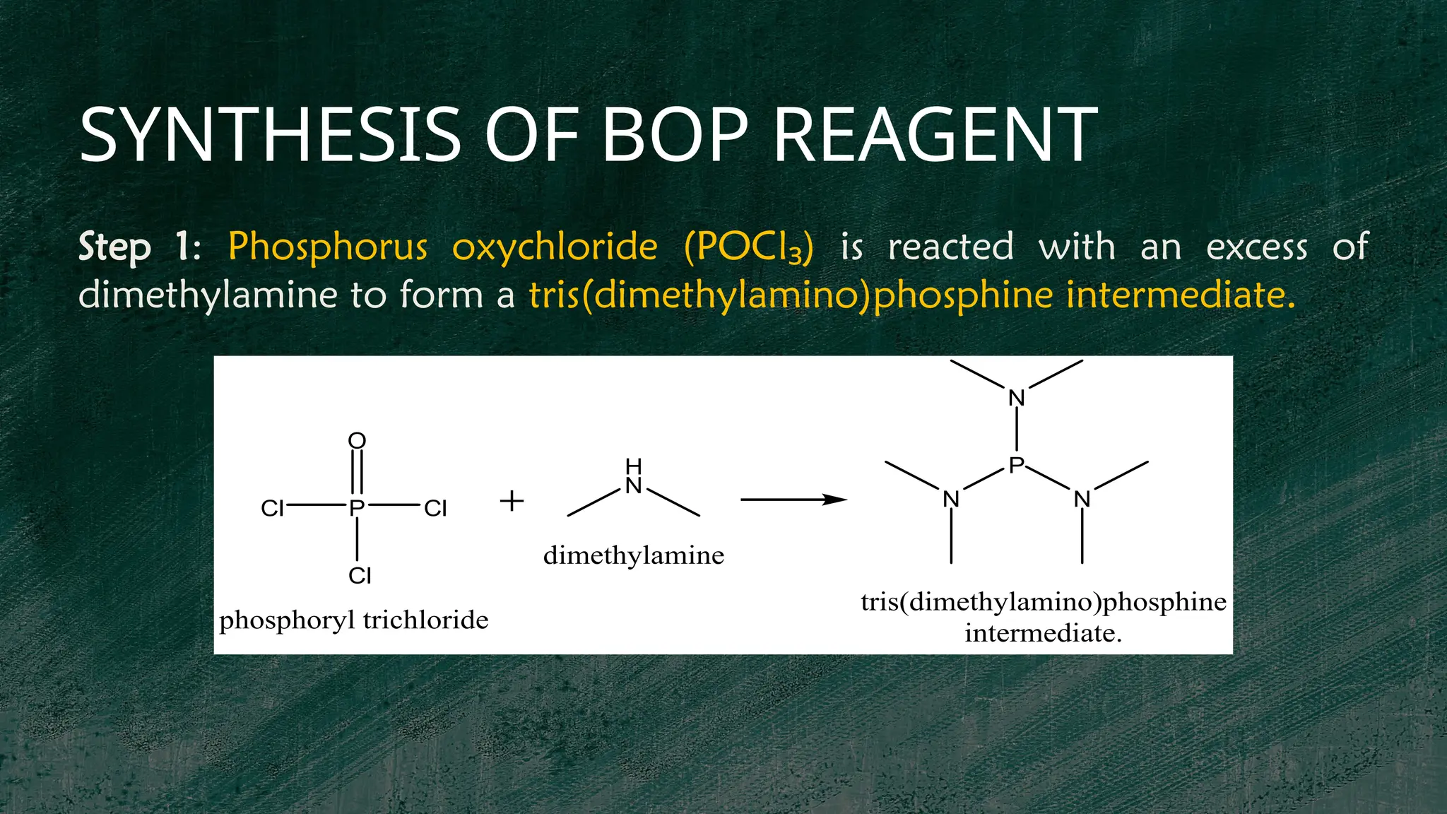 SYNTHESIS OF BOP REAGENT
P
Cl
O
Cl
Cl
H
N
P
N N
N
tris(dimethylamino)phosphine
intermediate.
phosphoryl trichloride
dimethylamine
Step 1: Phosphorus oxychloride (POCl )
₃ is reacted with an excess of
dimethylamine to form a tris(dimethylamino)phosphine intermediate.
 