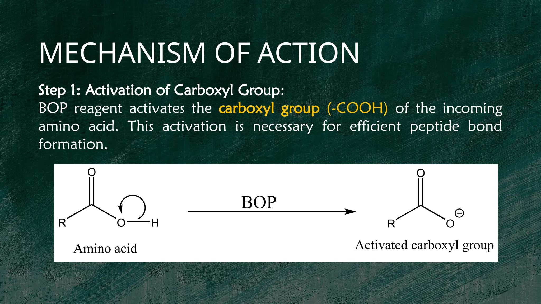 MECHANISM OF ACTION
Step 1: Activation of Carboxyl Group:
BOP reagent activates the carboxyl group (-COOH) of the incoming
amino acid. This activation is necessary for efficient peptide bond
formation.
R O
O
H
Amino acid
R O
O
Activated carboxyl group
BOP
 