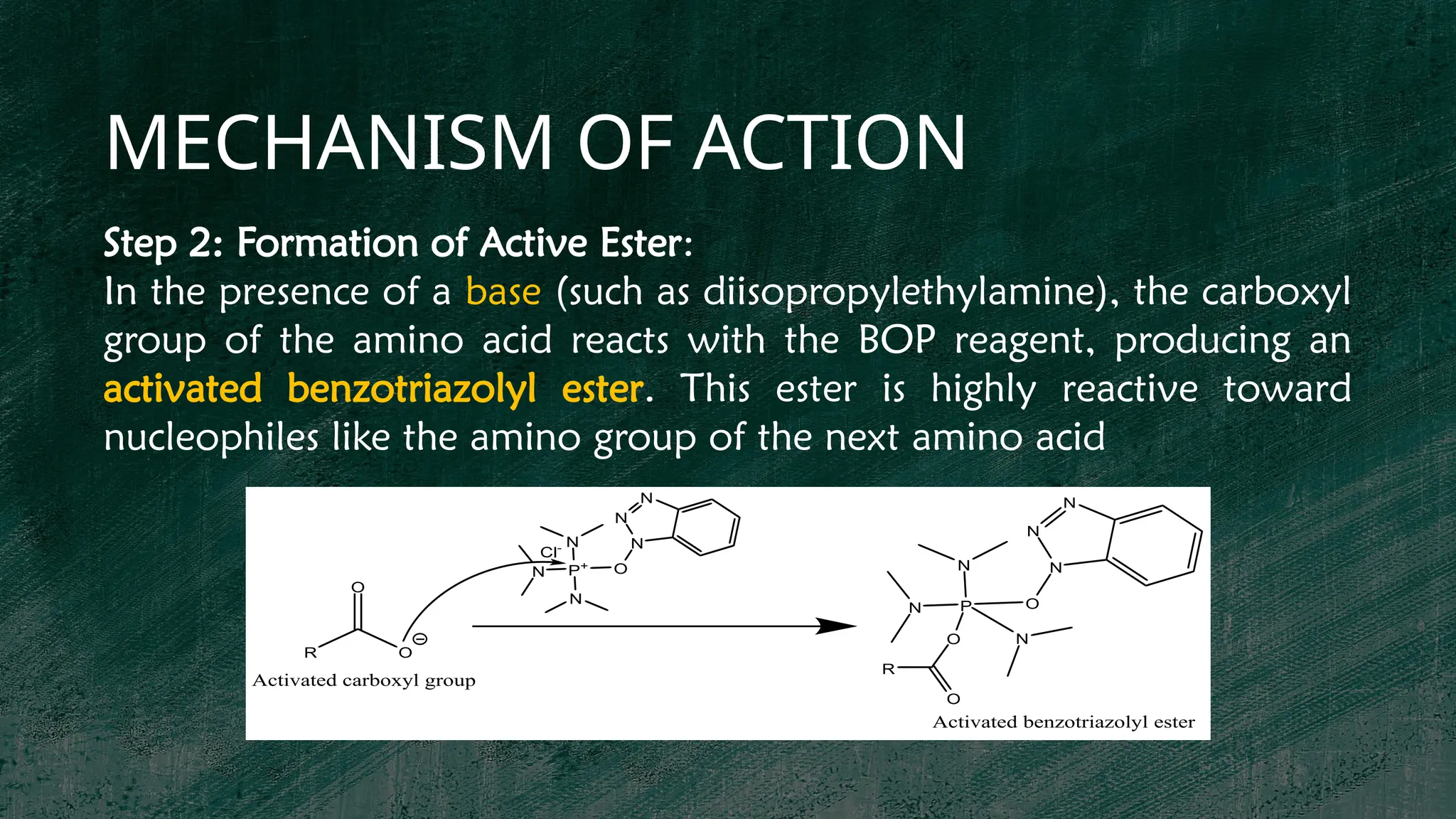 MECHANISM OF ACTION
Step 2: Formation of Active Ester:
In the presence of a base (such as diisopropylethylamine), the carboxyl
group of the amino acid reacts with the BOP reagent, producing an
activated benzotriazolyl ester. This ester is highly reactive toward
nucleophiles like the amino group of the next amino acid
R O
O
Activated carboxyl group
P+
N
N
N
O
N
N
N
Cl-
P
N
N
N
O
N
N
N
O
R
O
Activated benzotriazolyl ester
 