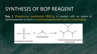 SYNTHESIS OF BOP REAGENT
P
Cl
O
Cl
Cl
H
N
P
N N
N
tris(dimethylamino)phosphine
intermediate.
phosphoryl trichloride
dimethylamine
Step 1: Phosphorus oxychloride (POCl )
₃ is reacted with an excess of
dimethylamine to form a tris(dimethylamino)phosphine intermediate.
 