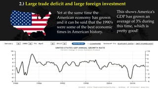 Yet at the same time the
American economy has grown
and it can be said that the 1990’s
were some of the best economic
times in American history.
This shows America’s
GDP has grown an
average of 3% during
this time, which is
pretty good!
2.) Large trade deficit and large foreign investment
 