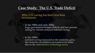 Case Study: The U.S. Trade Deficit
Why U.S. saving has been less than
investment:
 In the 1980s and early 2000s,
huge government budget deficits and low private
saving by citizens reduced national saving.
 In the 1990s,
national saving increased as the economy grew,
but domestic investment increased even faster
due to the information technology boom.
 