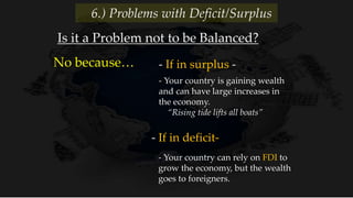 Is it a Problem not to be Balanced?
- Your country can rely on FDI to
grow the economy, but the wealth
goes to foreigners.
No because…
- Your country is gaining wealth
and can have large increases in
the economy.
“Rising tide lifts all boats”
- If in surplus -
- If in deficit-
6.) Problems with Deficit/Surplus
 