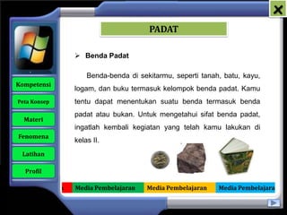x
                                           PADAT

                      Benda Padat

                         Benda-benda di sekitarmu, seperti tanah, batu, kayu,
   Kompetensi
                     logam, dan buku termasuk kelompok benda padat. Kamu
    Peta Konsep      tentu dapat menentukan suatu benda termasuk benda
                     padat atau bukan. Untuk mengetahui sifat benda padat,
      Materi
                     ingatlah kembali kegiatan yang telah kamu lakukan di
    Fenomena
                     kelas II.
     Latihan

      Profil

Media Pembelajaran   Media Pembelajaran   Media Pembelajaran    Media Pembelajaran
 