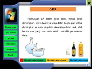 x
                                               CAIR


                          Permukaan air dalam botol datar. Ketika botol
                     dimiringkan, permukaannya tetap datar, begitu pun ketika
   Kompetensi        dimiringkan ke arah yang lain akan tetap datar. Jadi, sifat

    Peta Konsep
                     benda cair yang lain ialah selalu memiliki permukaan
                     datar.
      Materi

    Fenomena

     Latihan

      Profil

Media Pembelajaran    Media Pembelajaran     Media Pembelajaran     Media Pembelajaran
 