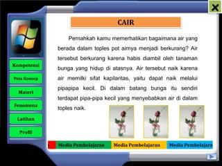 x
                                            CAIR

                         Pernahkah kamu memerhatikan bagaimana air yang
                     berada dalam toples pot airnya menjadi berkurang? Air
                     tersebut berkurang karena habis diambil oleh tanaman
   Kompetensi
                     bunga yang hidup di atasnya. Air tersebut naik karena
    Peta Konsep      air memilki sifat kapilaritas, yaitu dapat naik melalui
                     pipapipa kecil. Di dalam batang bunga itu sendiri
      Materi
                     terdapat pipa-pipa kecil yang menyebabkan air di dalam
    Fenomena
                     toples naik.
     Latihan

      Profil

Media Pembelajaran   Media Pembelajaran   Media Pembelajaran    Media Pembelajaran
 