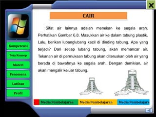 x
                                             CAIR

                         Sifat air lainnya adalah menekan ke segala arah.
                     Perhatikan Gambar 6.8. Masukkan air ke dalam tabung plastik.
                     Lalu, berikan lubanglubang kecil di dinding tabung. Apa yang
   Kompetensi
                     terjadi? Dari setiap lubang tabung, akan memancar air.
    Peta Konsep      Tekanan air di permukaan tabung akan diteruskan oleh air yang

      Materi         berada di bawahnya ke segala arah. Dengan demikian, air
                     akan mengalir keluar tabung.
    Fenomena

     Latihan

      Profil

Media Pembelajaran    Media Pembelajaran    Media Pembelajaran   Media Pembelajaran
 