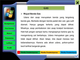x
                                                GAS

                      Wujud Benda Gas
                        Udara dan asap merupakan benda yang tergolong
                     benda gas. Berbeda dengan benda padat dan cair, gas sulit
   Kompetensi
                     diamati.   Hanya gasgas          tertentu   yang   dapat   dilihat.
    Peta Konsep      Misalnya, asap pembakaran dan asap knalpot kendaraan.
                     Hati-hati jangan sampai kamu mengisapnya karena gas itu
      Materi
                     mengandung zat berbahaya. Udara merupakan gas yang
    Fenomena
                     tidak dapat dilihat. Akan tetapi, kita dapat merasa kan
     Latihan         keberadaannya. Karena ada aliran udara, pohon-pohon
                     kecil terlihat bergerak-gerak.
      Profil

Media Pembelajaran   Media Pembelajaran     Media Pembelajaran          Media Pembelajaran
 