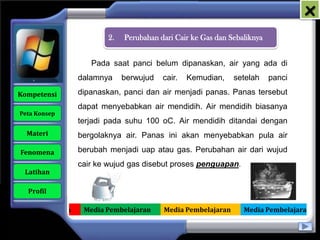 x
                             2.   Perubahan dari Cair ke Gas dan Sebaliknya


                        Pada saat panci belum dipanaskan, air yang ada di
                     dalamnya     berwujud   cair.   Kemudian,    setelah     panci

   Kompetensi        dipanaskan, panci dan air menjadi panas. Panas tersebut
                     dapat menyebabkan air mendidih. Air mendidih biasanya
    Peta Konsep
                     terjadi pada suhu 100 oC. Air mendidih ditandai dengan
      Materi         bergolaknya air. Panas ini akan menyebabkan pula air

    Fenomena         berubah menjadi uap atau gas. Perubahan air dari wujud
                     cair ke wujud gas disebut proses penguapan.
     Latihan

      Profil

Media Pembelajaran    Media Pembelajaran     Media Pembelajaran      Media Pembelajaran
 