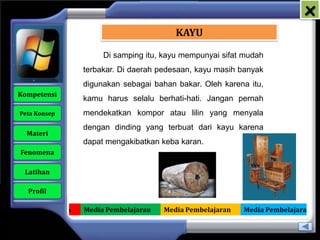 x
                                             KAYU

                          Di samping itu, kayu mempunyai sifat mudah
                     terbakar. Di daerah pedesaan, kayu masih banyak
                     digunakan sebagai bahan bakar. Oleh karena itu,
   Kompetensi
                     kamu harus selalu berhati-hati. Jangan pernah
    Peta Konsep      mendekatkan kompor atau lilin yang menyala
                     dengan dinding yang terbuat dari kayu karena
      Materi
                     dapat mengakibatkan keba karan.
    Fenomena

     Latihan

      Profil

Media Pembelajaran   Media Pembelajaran   Media Pembelajaran   Media Pembelajaran
 
