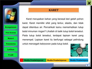 x
                                               KARET

                        Karet merupakan bahan yang berasal dari getah pohon
                     karet. Karet memiliki sifat yang lentur, elastis, dan tidak
   Kompetensi        dapat ditembus air. Pernahkah kamu memerhatikan tutup

    Peta Konsep
                     botol minuman ringan? Lihatlah di balik tutup botol tersebut.
                     Pada tutup botol tersebut, terdapat lapisan karet yang
      Materi
                     menempel. Lapisan karet itu berfungsi sebagai pelindung
    Fenomena         untuk mencegah kebocoran pada tutup botol.

     Latihan

      Profil

Media Pembelajaran    Media Pembelajaran     Media Pembelajaran     Media Pembelajaran
 