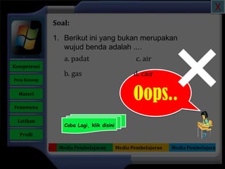 X
                     Soal:

                     1. Berikut ini yang bukan merupakan
                        wujud benda adalah ....
                        a. padat                         c. air
   Kompetensi
                        b. gas                          d. cair
    Peta Konsep


      Materi

    Fenomena
                                                        Oops..
     Latihan
                        Coba Lagi, klik disini
      Profil

Media Pembelajaran    Media Pembelajaran         Media Pembelajaran   Media Pembelajaran
 