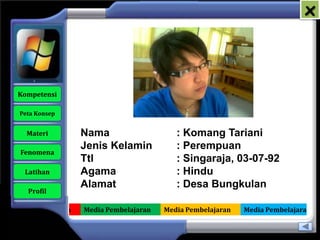 x



   Kompetensi

    Peta Konsep


      Materi         Nama                    : Komang Tariani
                     Jenis Kelamin           : Perempuan
    Fenomena
                     Ttl                     : Singaraja, 03-07-92
     Latihan         Agama                   : Hindu
                     Alamat                  : Desa Bungkulan
      Profil

Media Pembelajaran   Media Pembelajaran   Media Pembelajaran   Media Pembelajaran
 