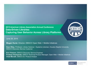 2015 American Library Association Annual Conference
Data-Driven Libraries:
Capturing User Behavior Across Library Platforms
June 29, 2015
Megan Hurst, Director, EBSCO Open Web + Mobile Initiatives
Dean Riley, Professor, Library Science + Systems Librarian, Houston Baptist University
EBSCO Discovery Service Customer
Eric Frierson, EBSCO Discovery Service Engineer
Pradeep Deshpande, EBSCO Technical Product Manager, Open Web + Mobile Initiatives
Chad Movalli, EBSCO Sr. Product Analyst
 