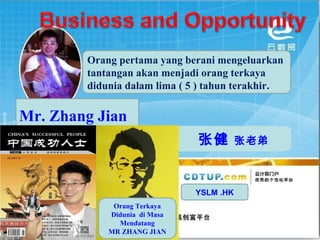 Orang pertama yang berani mengeluarkan 
tantangan akan menjadi orang terkaya 
didunia dalam lima ( 5 ) tahun terakhir. 
张健 张老弟 
Mr. Zhang Jian 
YSLM .HK 
Orang Terkaya 
Didunia di Masa 
Mendatang 
MR ZHANG JIAN 
 
