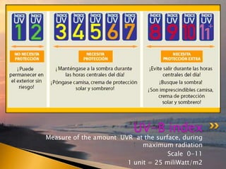Measure of the amount UVR at the surface, during
maximum radiation
Scale 0-11
1 unit = 25 miliWatt/m2
UV-B index
 