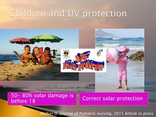 50- 80% solar damage is
before 18
Correct solar protection
Walker D. Journal of Pediatric nursing. 2011 Article in press
 