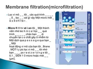  Lọc vi mô _ _ tôi _ các quá trình _ _ _ _
_ ồ _ lọc _ _ cái gì vậy Một micro mét _
si z ê d fi l te r .
 Micro fi l l t r at i on tôi _ Một thành
viên nhé tec h ni c a l lọc _ _ quá
trình _ _ _ _ _ chào bạn _ _ di
chuyển lại c o chất gây ô nhiễm từ
Một dịch qua p a s s a g e qua bạn _
_ Một
hoạt động vi mô của bạn tôi , Brane
. MỘT t y pic lọc vi mô _ _ tôi nhớ
bạn _ _ _ po r e si z e r a n g e tôi _
0,1 _ ĐẾN 1 0 micro hoặc mét _ _
(µm).
 