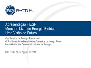 Apresentação FIESP
Mercado Livre de Energia Elétrica
Uma Visão do Futuro
Certificados de Energia Renovável
O Problema da Indexação dos Contratos de Longo Prazo
Importância das Comercializadoras de Energia


São Paulo, 15 de Agosto de 2011
 