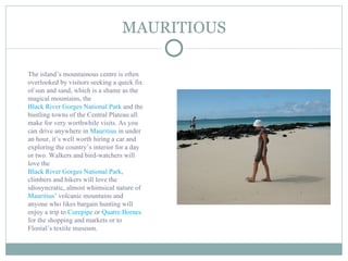 MAURITIOUS The island’s mountainous centre is often overlooked by visitors seeking a quick fix of sun and sand, which is a shame as the magical mountains, the  Black River Gorges National Park  and the bustling towns of the Central Plateau all make for very worthwhile visits. As you can drive anywhere in  Mauritius  in under an hour, it’s well worth hiring a car and exploring the country’s interior for a day or two. Walkers and bird-watchers will love the  Black River Gorges National Park , climbers and hikers will love the idiosyncratic, almost whimsical nature of  Mauritius ’ volcanic mountains and anyone who likes bargain hunting will enjoy a trip to  Curepipe  or  Quatre Bornes  for the shopping and markets or to Floréal’s textile museum. 