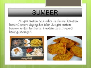 SUMBER 
Zat gizi protein bersumber dari hewan (protein 
hewani) seperti daging dan telur. Zat gizi protein 
bersumber dari tumbuhan (protein nabati) seperti 
kacang-kacangan. 
 