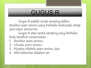 GUGUS R 
Gugus R adalah rantai samping dalam 
struktur asam amino yang berbeda-beda pada setiap 
jenis asam amino itu. 
Gugus R atau rantai samping yang berbeda-beda 
tersebut menentukan : 
1. Struktur asam amino, 
2. Ukuran asam amino, 
3. Muatan elektrik asam amino, dan 
4. Sifat kelarutan didalam air. 
 