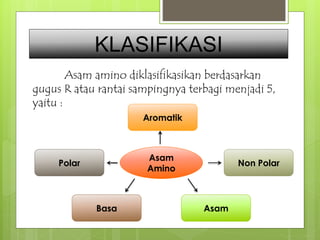 KLASIFIKASI 
Asam amino diklasifikasikan berdasarkan 
gugus R atau rantai sampingnya terbagi menjadi 5, 
yaitu : 
Asam 
Amino 
Polar 
Aromatik 
Basa Asam 
Non Polar 
 