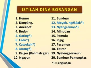 1. Humor
2. Dongéng,
3. Anékdot
4. Bodor
5. Garing*)
6. Ladu*)
7. Cawokah*)
8. Jorang*)
9. Kalger (Kalimah ger)
10. Ngayun
11. Eundeur
12. Moyok, ngékéak*)
13. Nyéngcéman*)
14. Mindoan
15. Pamulu
16. Rigig
17. Pasemon
18. Titiron
19. Nyalénggorkeun
20. Eundeur Pamungkas
ISTILAH DINA BORANGAN
*) = singkahan
 