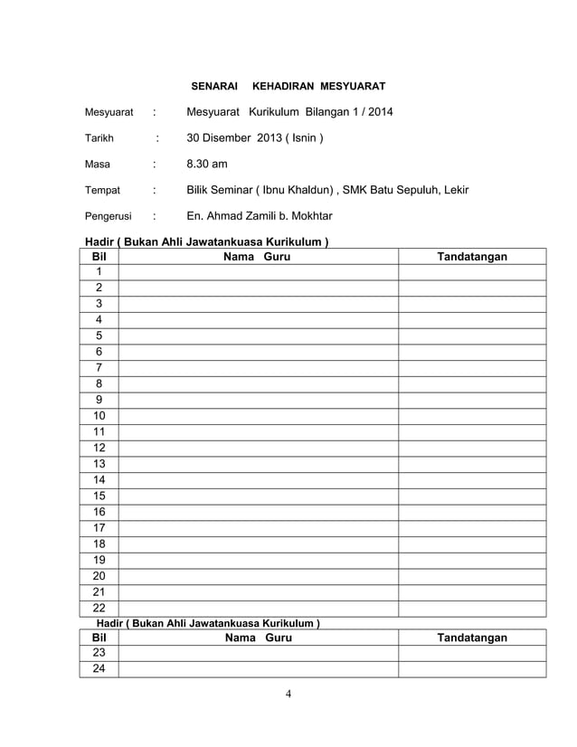 Borang kehadiran mesyuarat