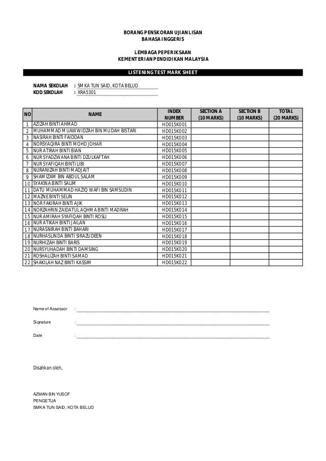 oral test listening Oral PT3 Score Test Sheet (listening) oral test listening Oral PT3 Score Test Sheet (listening)