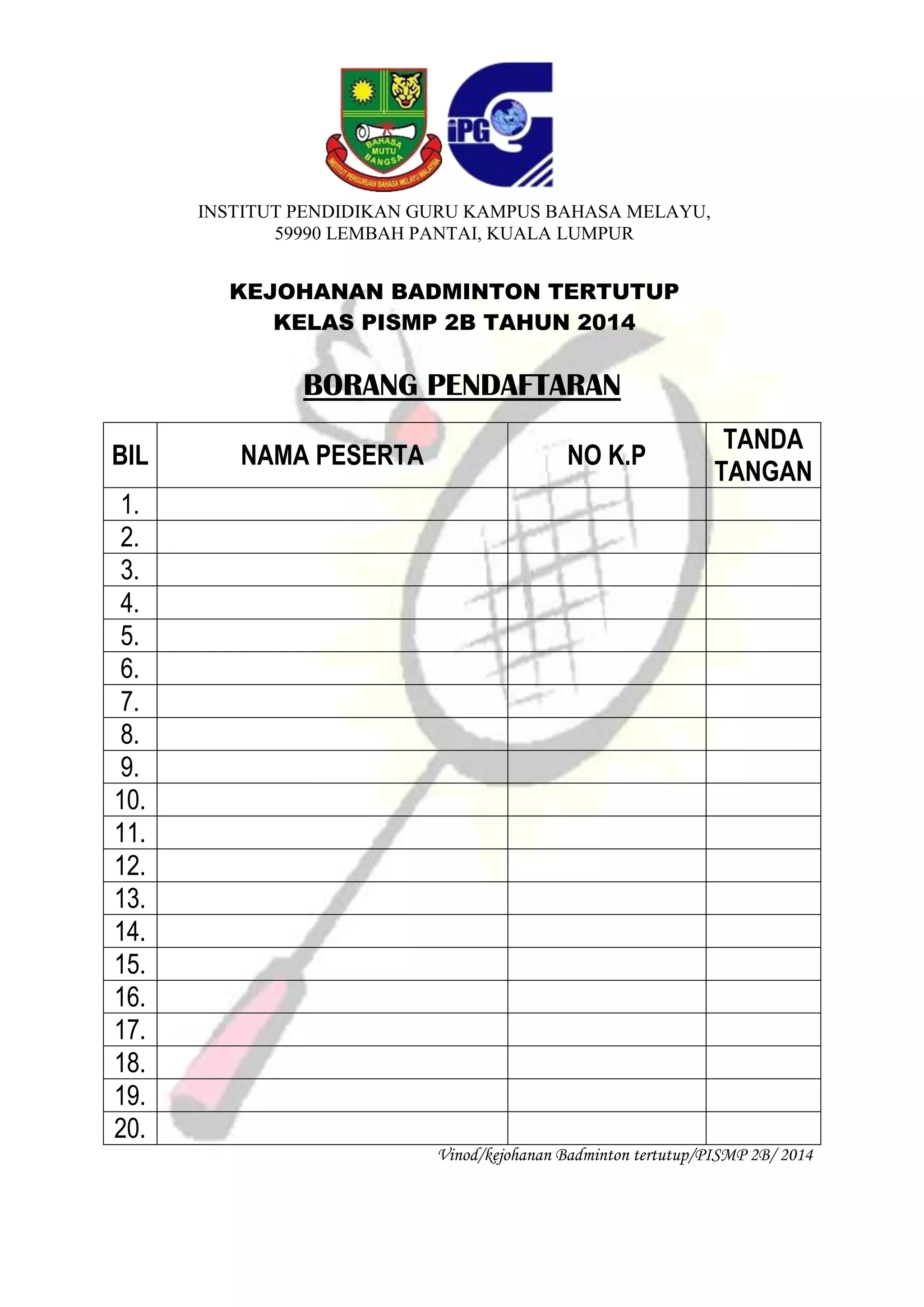 Borang pendaftaran badminton | DOCX