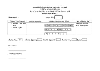 BORANG PENGHAKIMAN ADZAN DAN IQAMAH
PESERTA SEKOLAH RENDAH
MASJID AL-FAIZIN DESA JAYA KEPONG TAHUN 2019
BAHAGIAN TAJWID
Nama Peserta : ………………………………………………………………… Angka Giliran :
Perkara Yang Dihakimi Catatan Kesalahan Markah Yang Dipotong (27 M) Markah Bonus (2M)
 Makhraj dan sifat
huruf
 Hukum Tajwid
27 26 25 24 23 22 21 20 19 18
17 16 15 14 13 12 11 10 9 8
7 6 5 4 3 2 1
Sempurna Sebutan
huruf dan sifatnya
Markah Penuh Markah Dipotong Markah Diperolehi Markah Bonus Jumlah
Nama Hakim
.................................................
Tandatangan Hakim
................................................
30
 