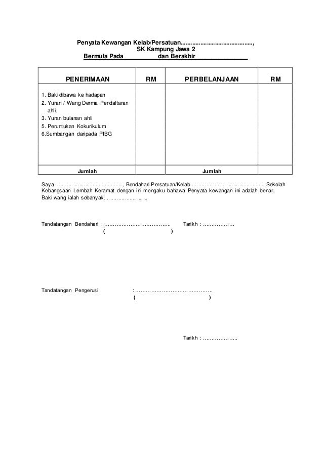 Contoh Penyata Kewangan Persatuan  Penyata Kedudukan Kewangan Kelab