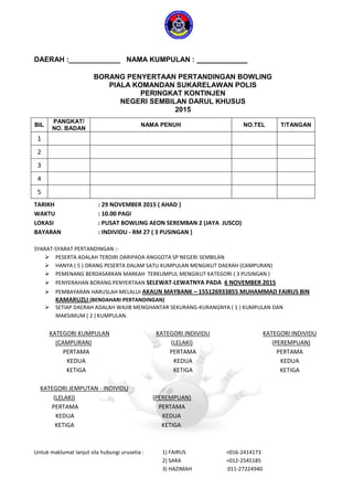 DAERAH :_____________ NAMA KUMPULAN :
BORANG PENYERTAAN PERTANDINGAN BOWLING
PIALA KOMANDAN SUKARELAWAN POLIS
PERINGKAT KONTINJEN
NEGERI SEMBILAN DARUL KHUSUS
2015
TARIKH : 29 NOVEMBER 2015 ( AHAD )
WAKTU : 10.00 PAGI
LOKASI : PUSAT BOWLING AEON SEREMBAN 2 (JAYA JUSCO)
BAYARAN : INDIVIDU - RM 27 ( 3 PUSINGAN )
SYARAT-SYARAT PERTANDINGAN :-
 PESERTA ADALAH TERDIRI DARIPADA ANGGOTA SP NEGERI SEMBILAN
 HANYA ( 5 ) ORANG PESERTA DALAM SATU KUMPULAN MENGIKUT DAERAH (CAMPURAN)
 PEMENANG BERDASARKAN MARKAH TERKUMPUL MENGIKUT KATEGORI ( 3 PUSINGAN )
 PENYERAHAN BORANG PENYERTAAN SELEWAT-LEWATNYA PADA 6 NOVEMBER 2015
 PEMBAYARAN HARUSLAH MELALUI AKAUN MAYBANK – 155126933855 MUHAMMAD FAIRUS BIN
KAMARUZLI (BENDAHARI PERTANDINGAN)
 SETIAP DAERAH ADALAH WAJIB MENGHANTAR SEKURANG-KURANGNYA ( 1 ) KUMPULAN DAN
MAKSIMUM ( 2 ) KUMPULAN.
KATEGORI KUMPULAN KATEGORI INDIVIDU KATEGORI INDIVIDU
(CAMPURAN) (LELAKI) (PEREMPUAN)
PERTAMA PERTAMA PERTAMA
KEDUA KEDUA KEDUA
KETIGA KETIGA KETIGA
KATEGORI JEMPUTAN - INDIVIDU
(LELAKI) (PEREMPUAN)
PERTAMA PERTAMA
KEDUA KEDUA
KETIGA KETIGA
Untuk maklumat lanjut sila hubungi urusetia : 1) FAIRUS +016-2414173
2) SARA +012-2545185
3) HAZIMAH 011-27224940
BIL
PANGKAT/
NO. BADAN
NAMA PENUH NO.TEL T/TANGAN
1
2
3
4
5
 